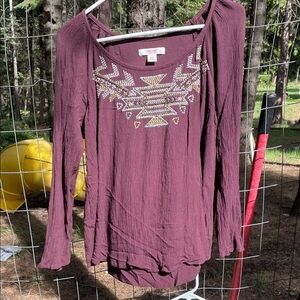 Mossimo Supply Co. Plum Long-Sleeve Top with Beaded Geometric Yoke